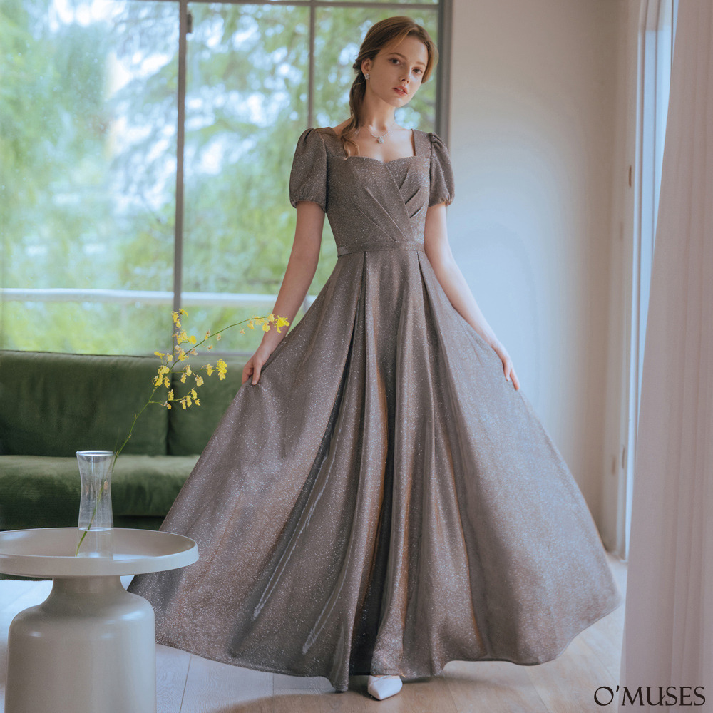 手工壓褶金蔥亮粉茶色長禮服19-7-36