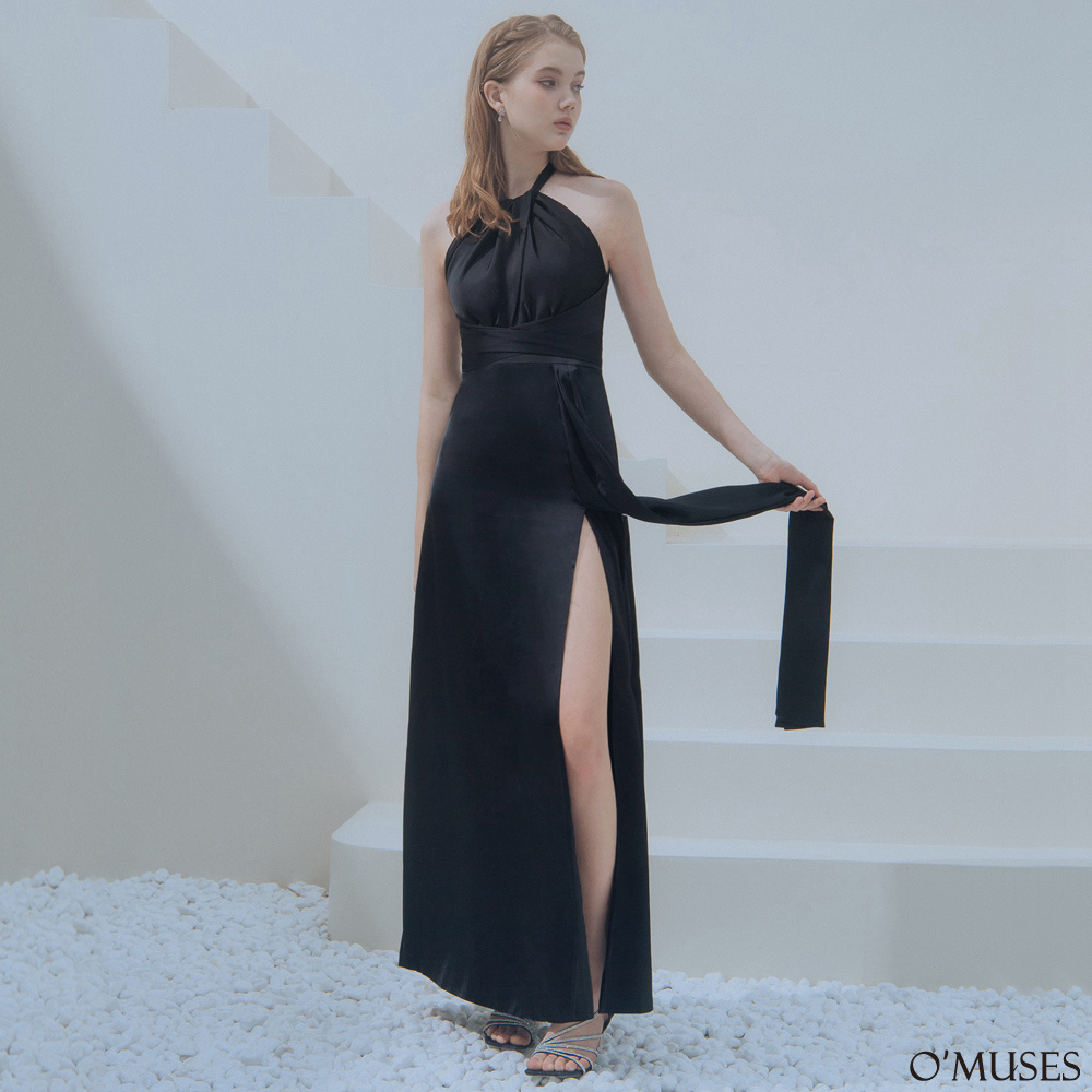 削肩簍空綁帶黑色長禮服【29-77889】