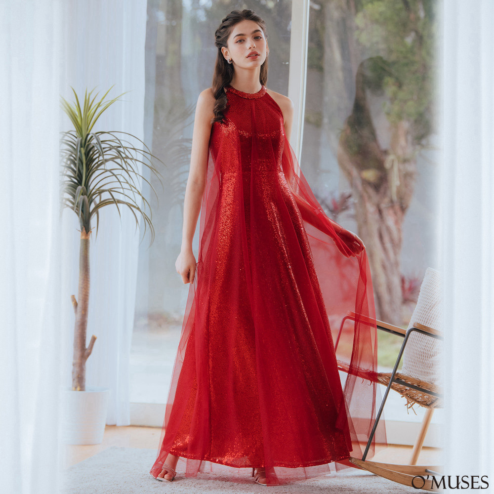 手工網紗亮片紅色長禮服19-7339