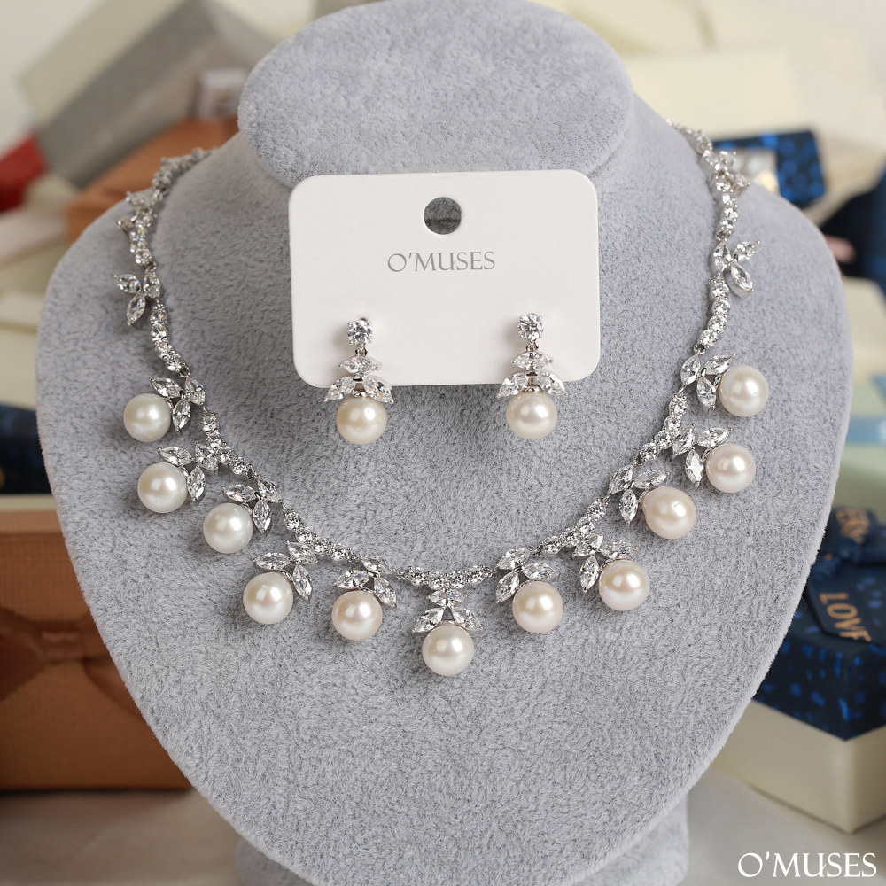 淡水珍珠鋯石項鍊耳環套組21-A019601