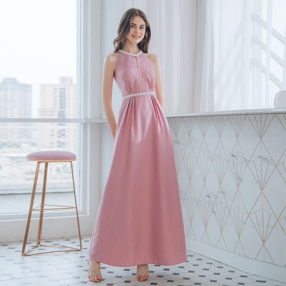 手工削肩簍空粉色長禮服19-2037