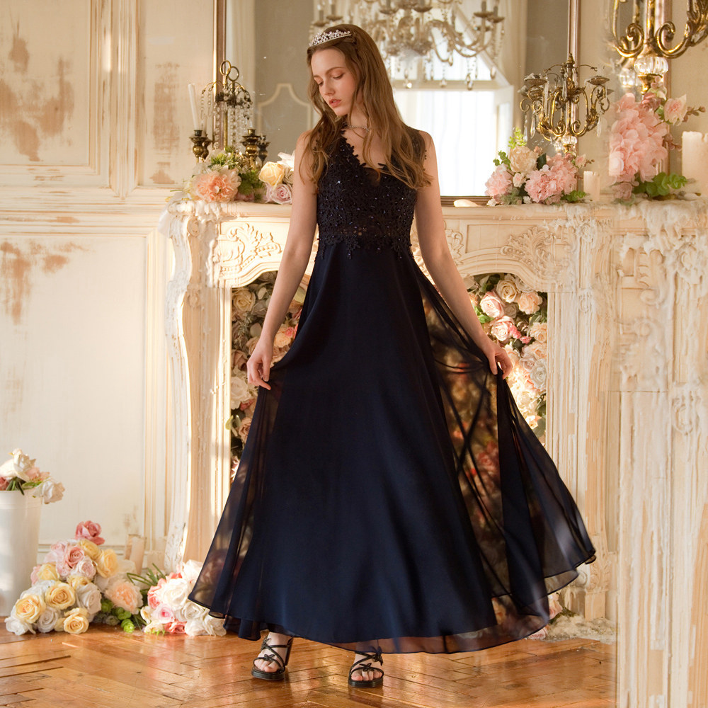 手工雪紡刺繡藍色長禮服19-2025