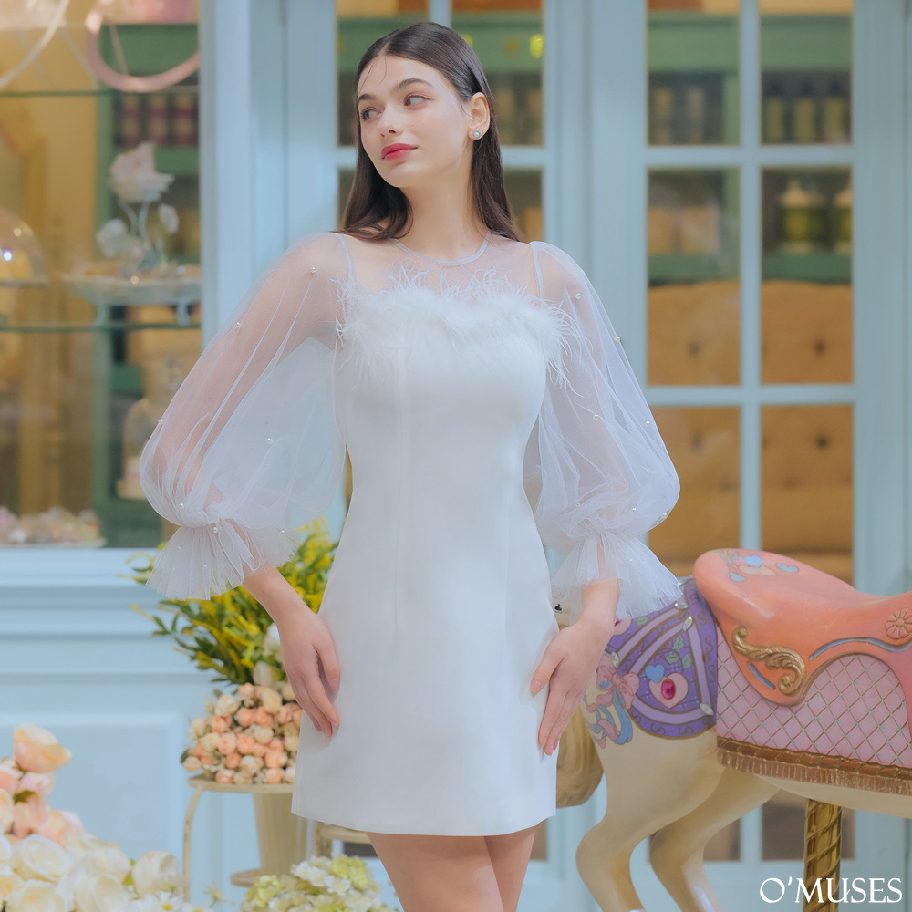 蕾絲袖羽毛白色短洋裝37-32337