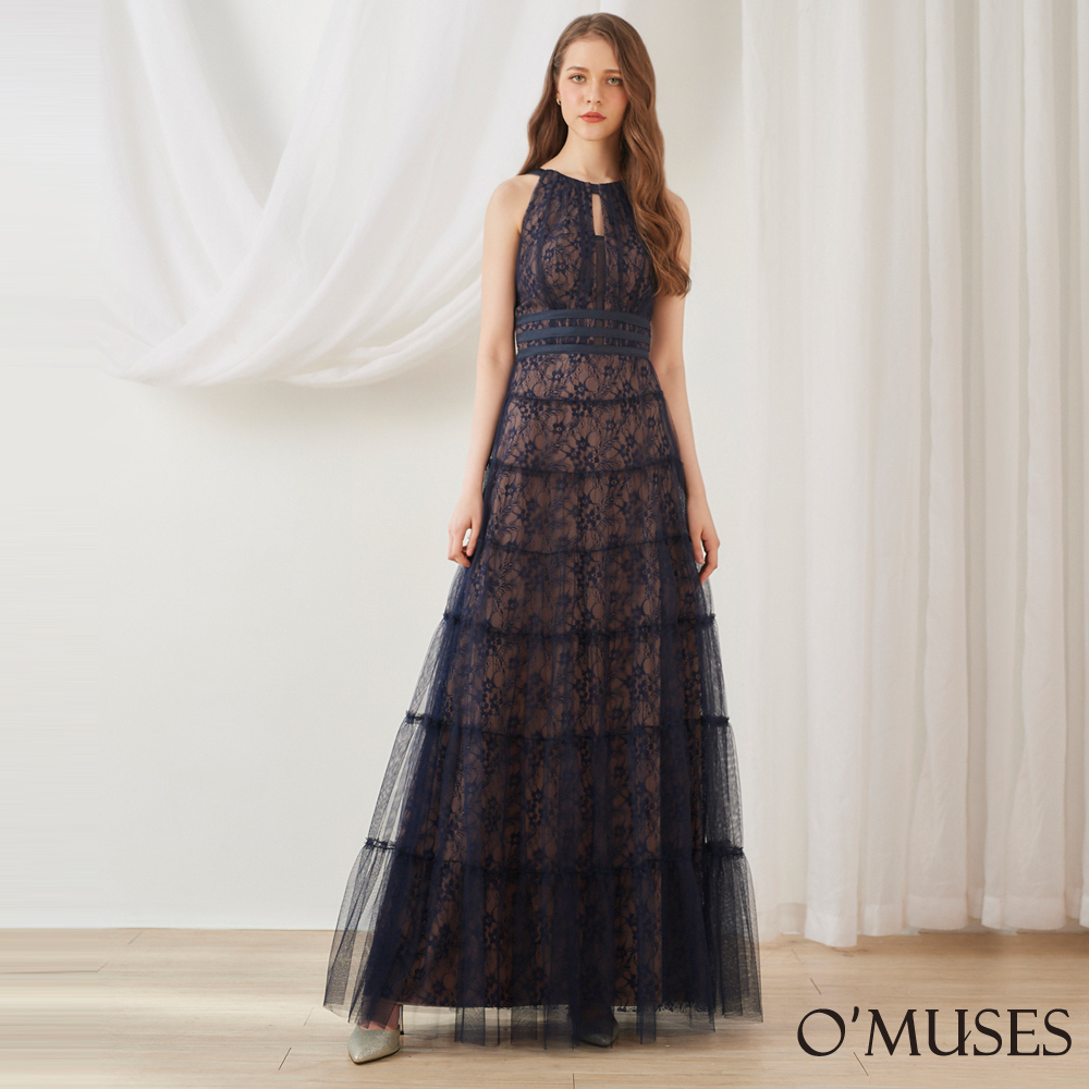 手工削肩蕾絲刺繡藍色長禮服29-1948