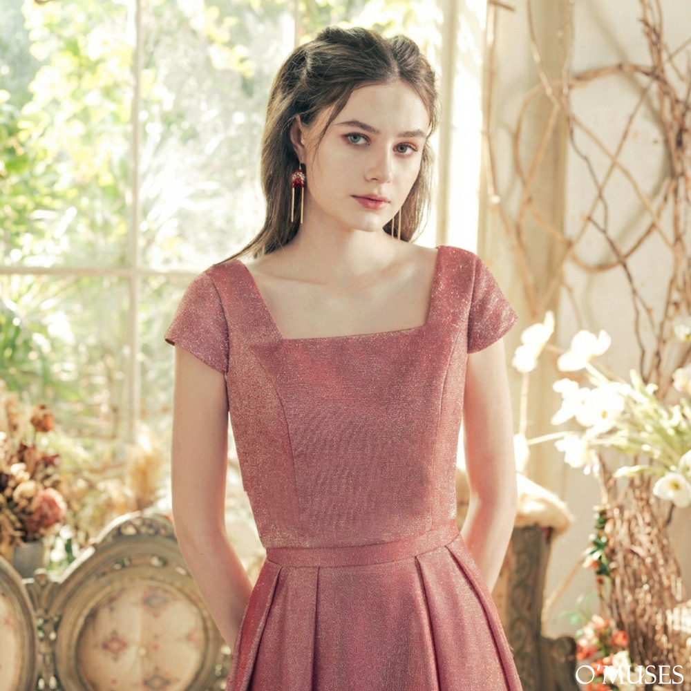 手工方領綁帶金蔥亮粉紅色上衣12-7579