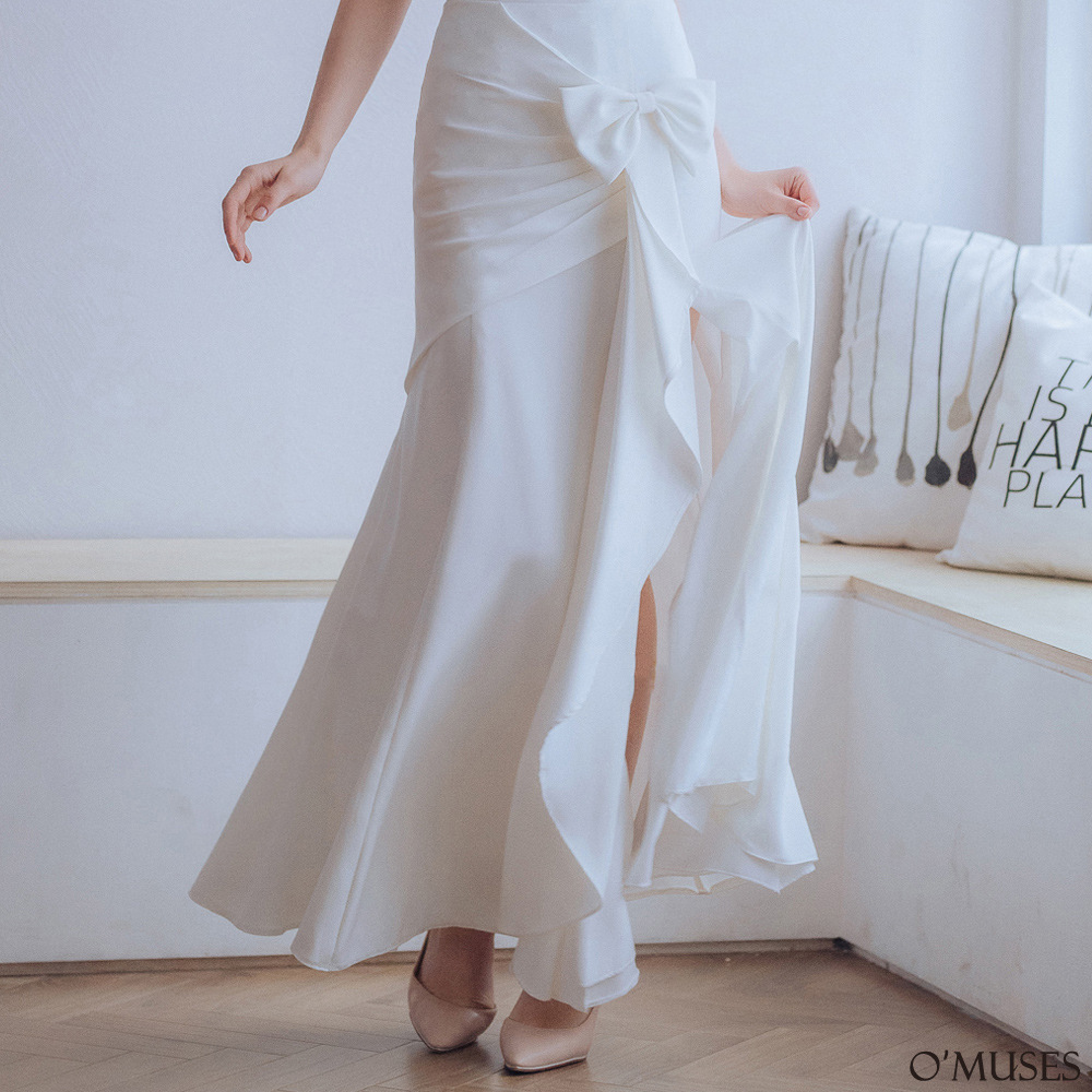 手工蝴蝶結開岔白色長裙13-2215
