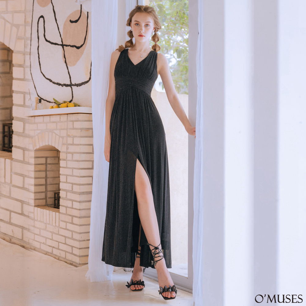 V領削肩銀蔥黑色長禮服29-X21728-1