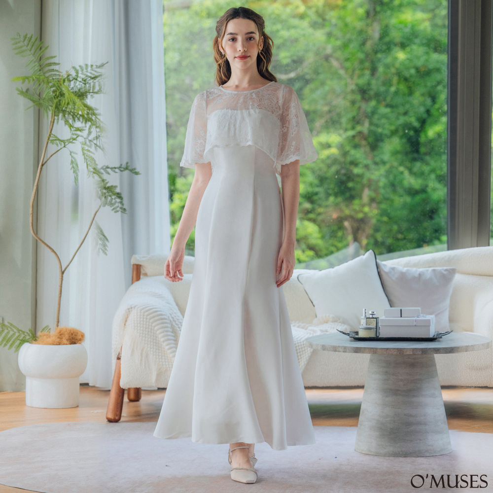 兩件式平口蕾絲白色魚尾長禮服(手工款)19-7724