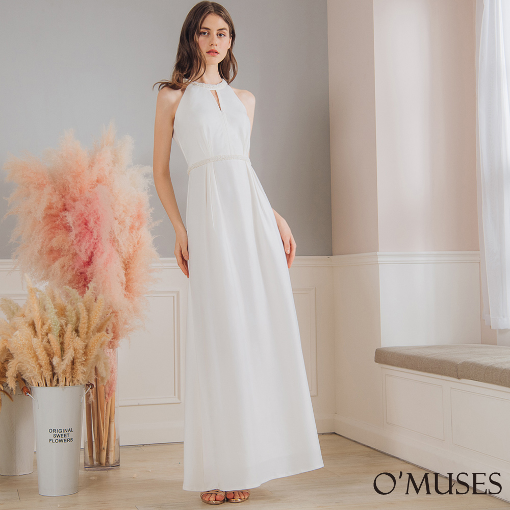 手工削肩簍空白色長禮服19-2037