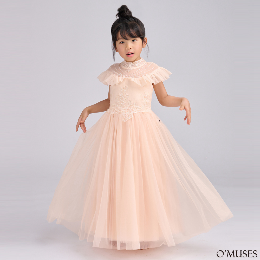 手工刺繡荷葉領粉橙色女童花童禮服58-31641