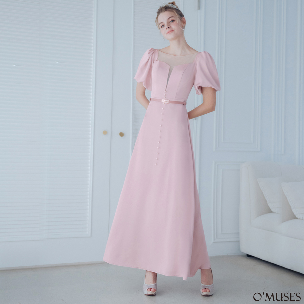 V領蕾絲粉色長禮服19-2213