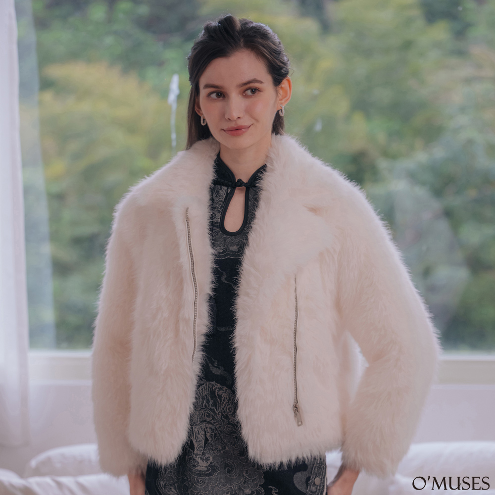 絨毛白色保暖大衣機車外套11-G3-2401