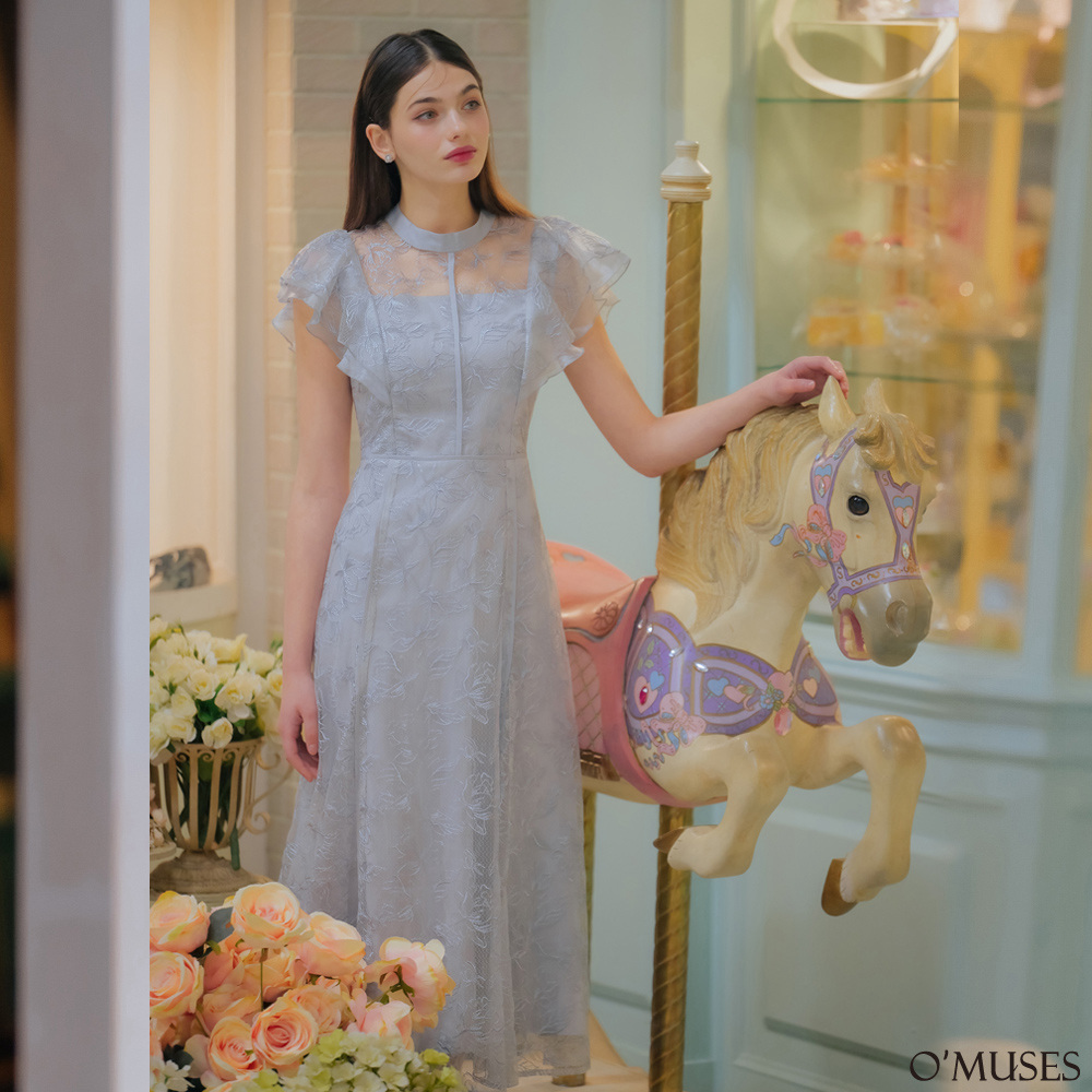 重工蕾絲浮雕刺繡灰藍色長洋裝60-L5041