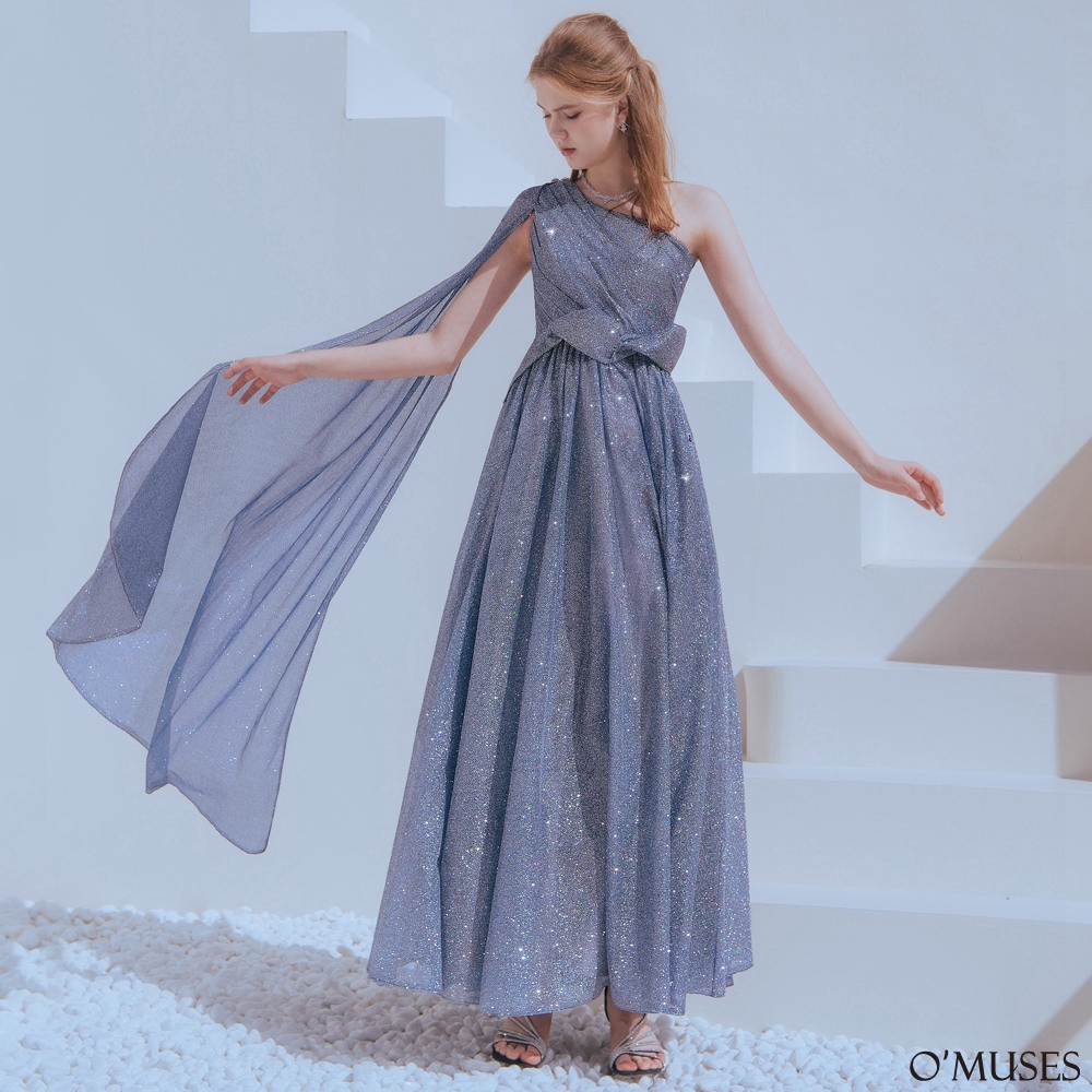 手工斜肩亮粉藍色長禮服19-7182