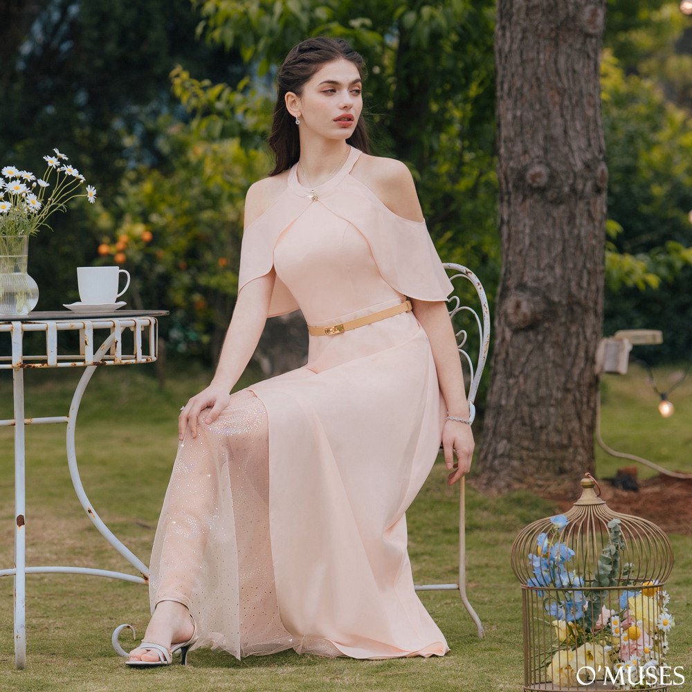 手工削肩網紗拼接杏色長禮服19-2236