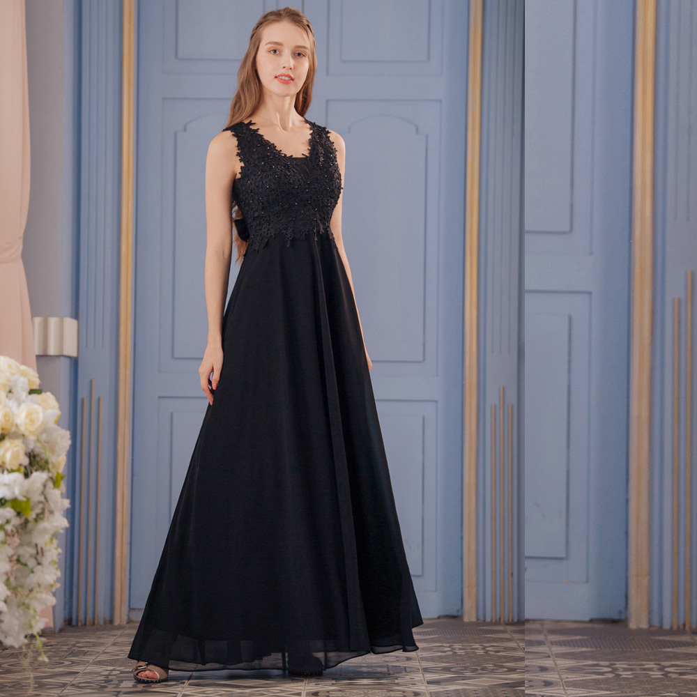 手工雪紡刺繡黑色長禮服19-2025