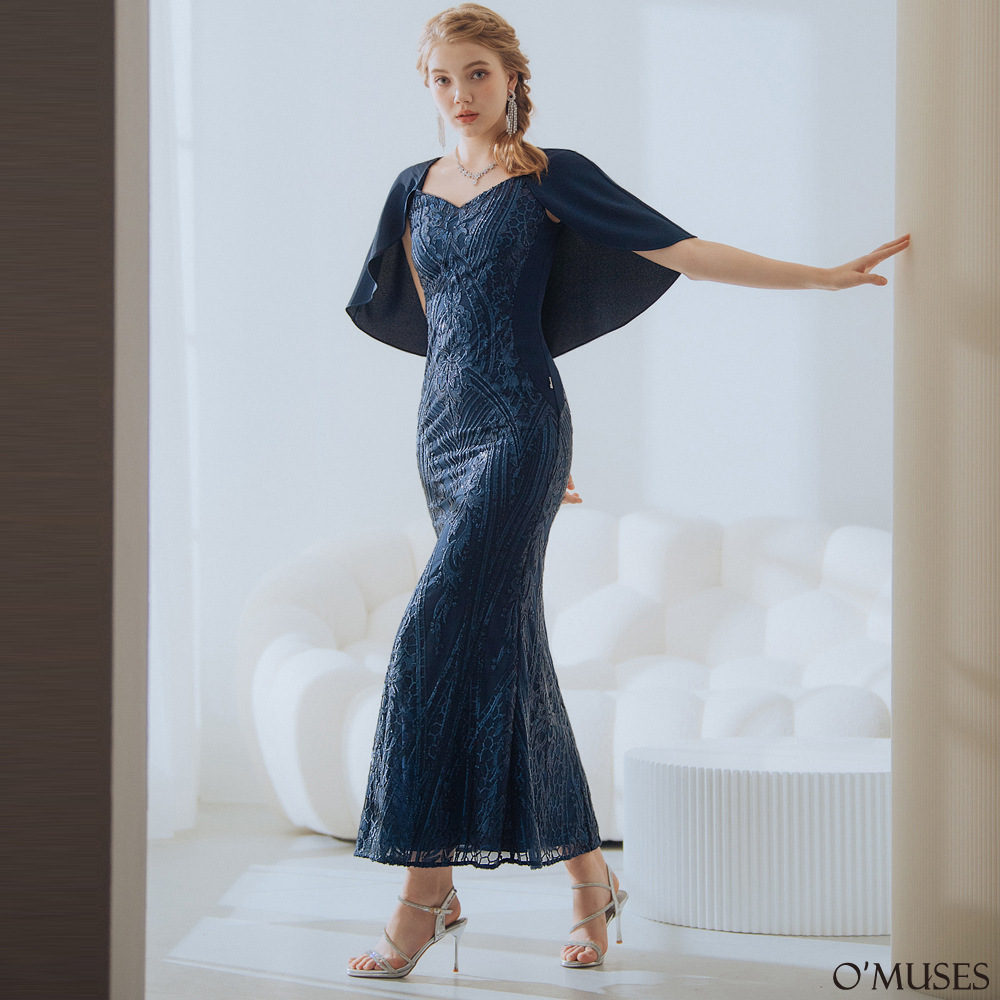 重工亮片刺繡藍色魚尾長禮服29-29571