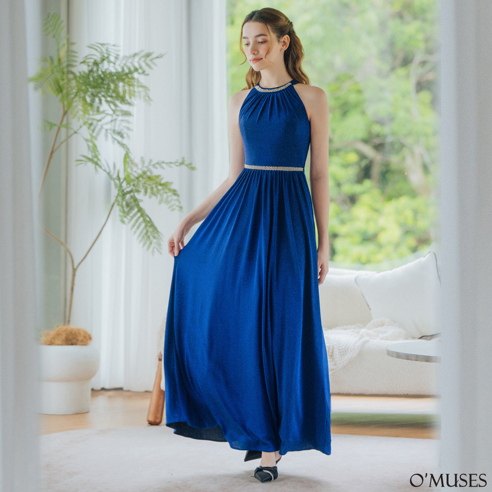 削肩鑽石亮粉藍色長禮服(手工款)19-2532