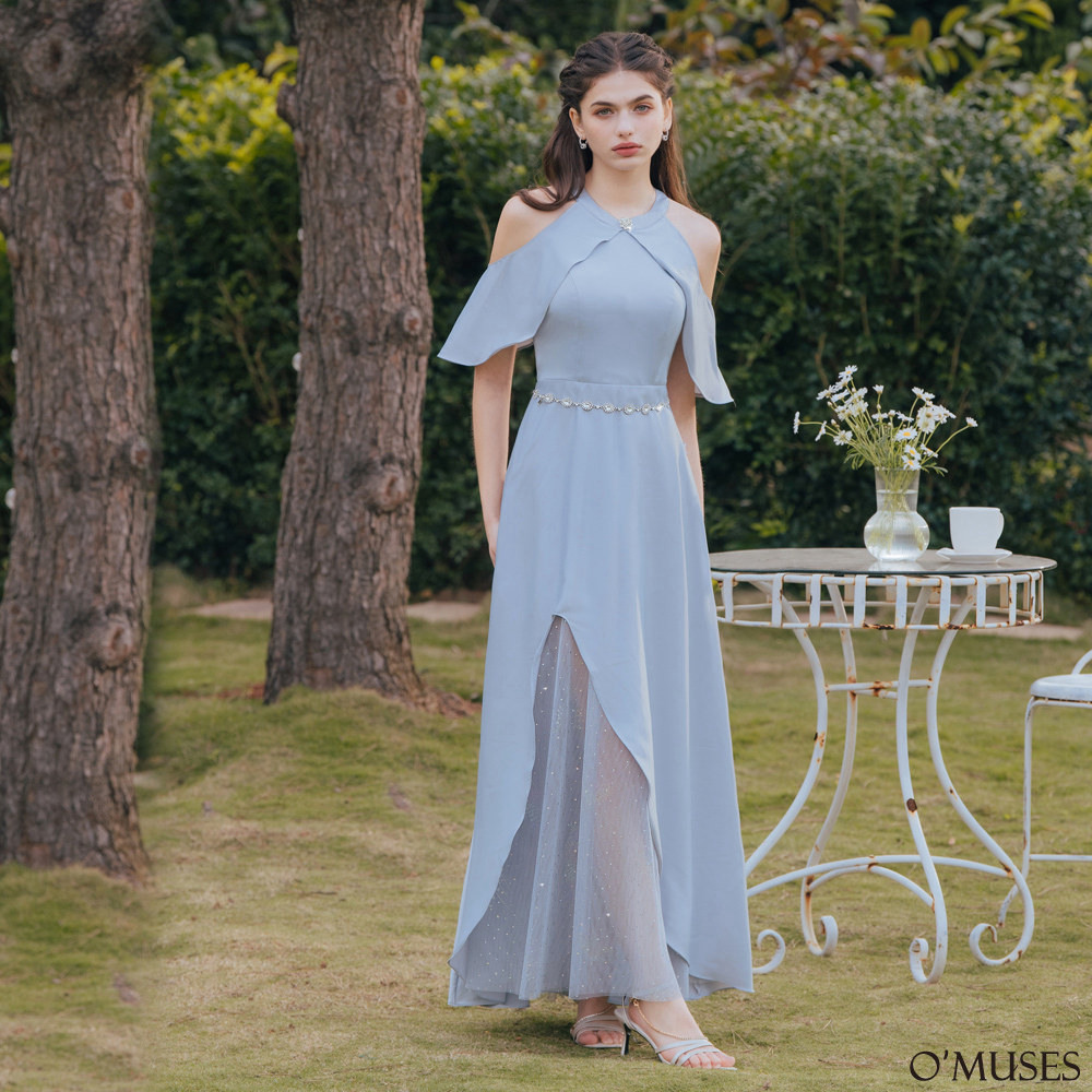 手工削肩網紗拼接灰色長禮服19-2236