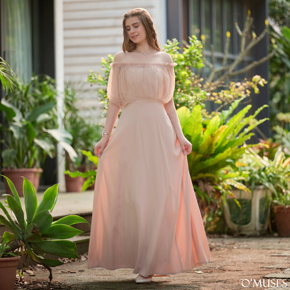 兩件式一字領粉色長禮服19-7723