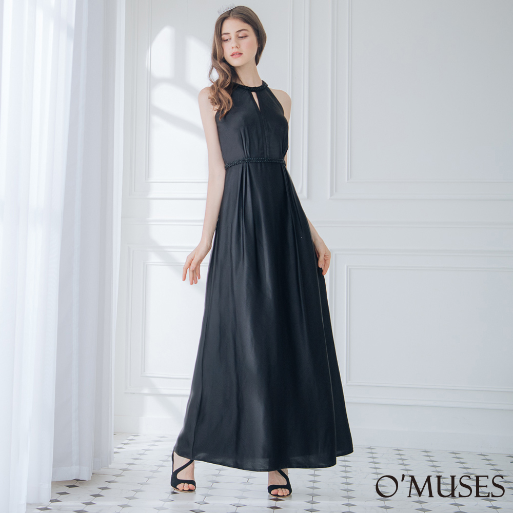 手工削肩簍空黑色長禮服19-2037