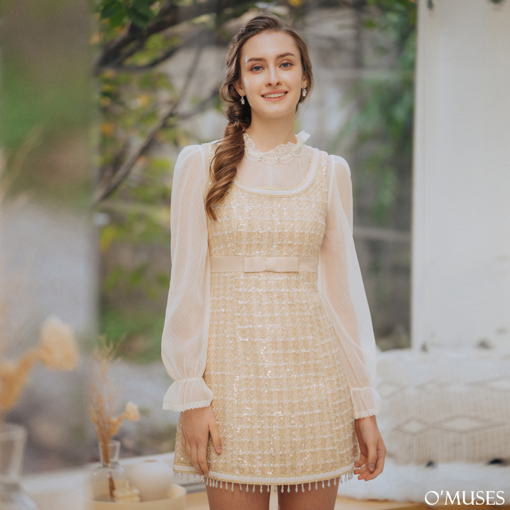 重工藝兩件式毛呢流蘇珠杏色短洋裝37-H225030