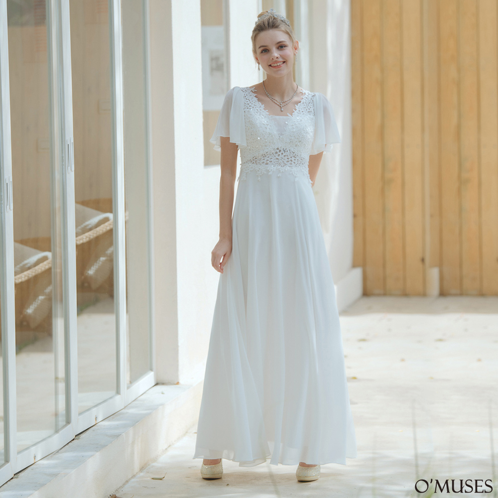 手工雪紡刺繡白色長禮服19-3025