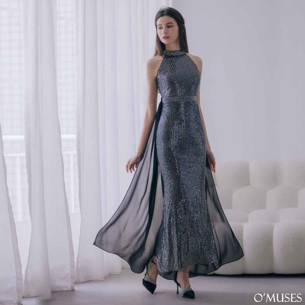 兩件式手工亮片削肩黑銀色魚尾長禮服29-8138