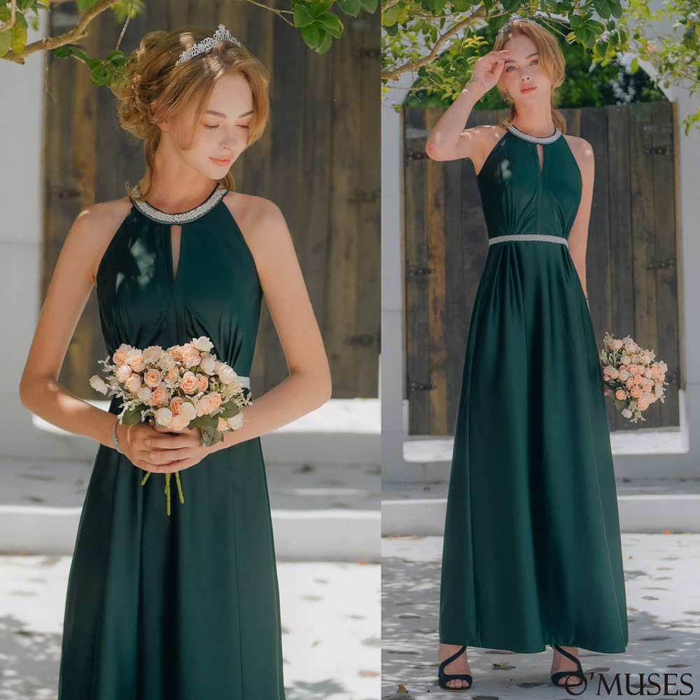 手工削肩簍空綠色長禮服19-2037