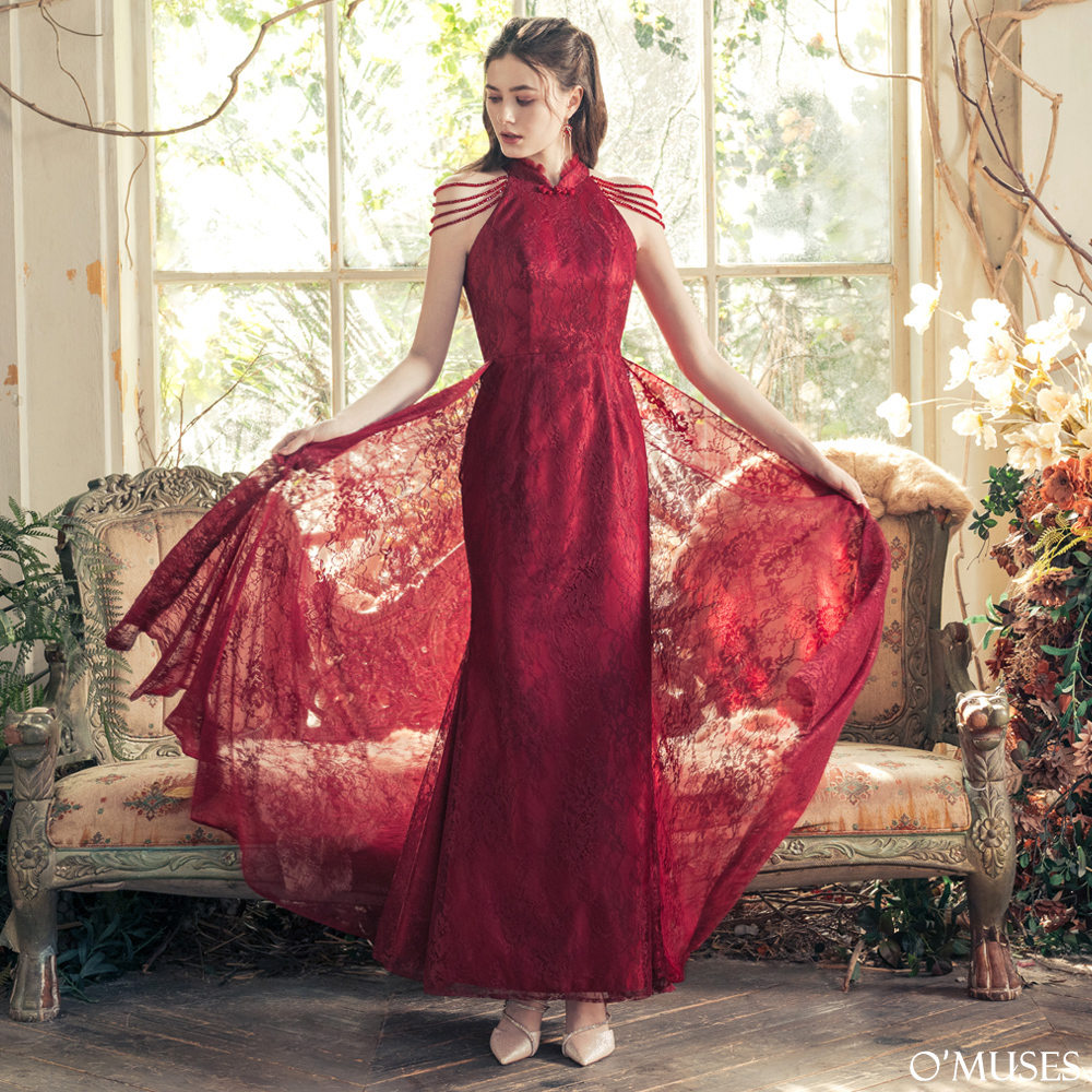 蕾絲削肩珠袖紅色魚尾旗袍禮服7-92599