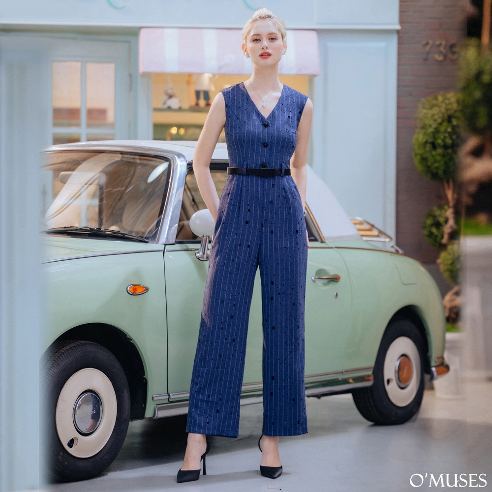 V領條紋燙鑽洞洞藍色連身褲24-32338