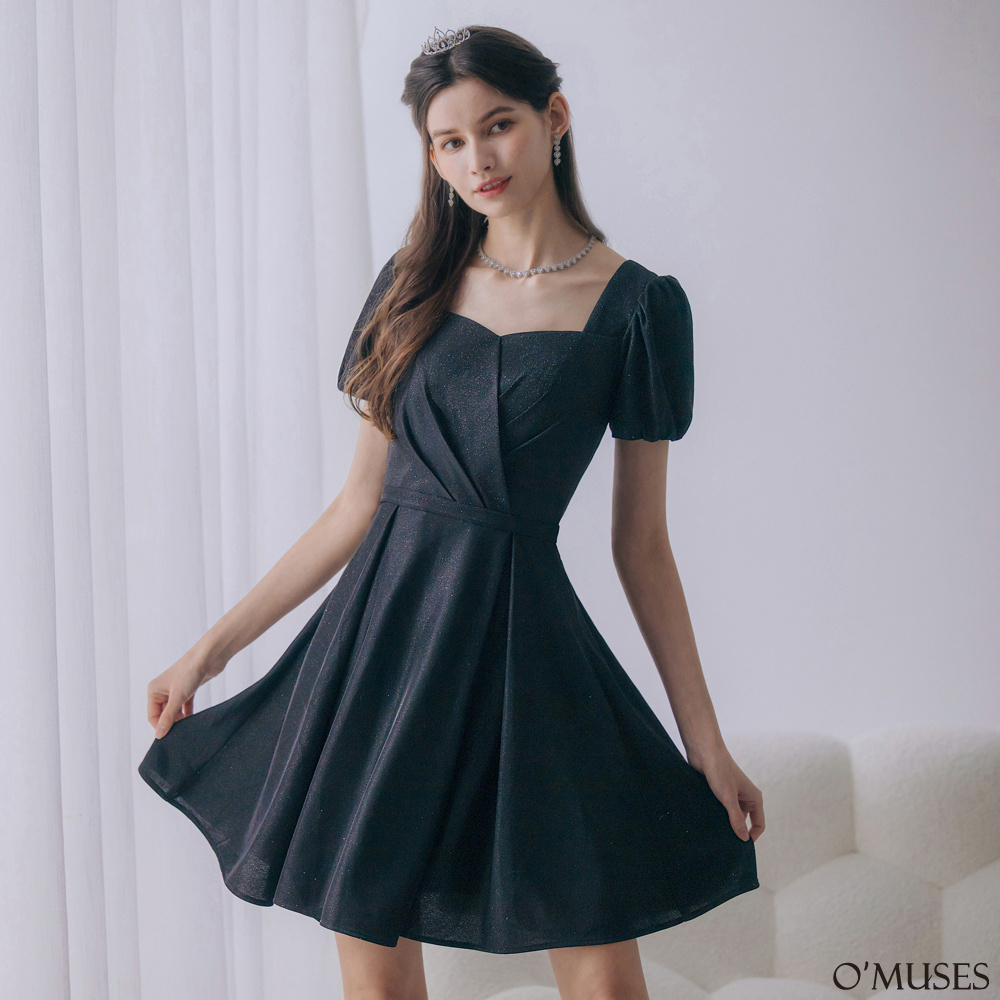 手工壓褶金蔥亮粉黑色短禮服18-F366