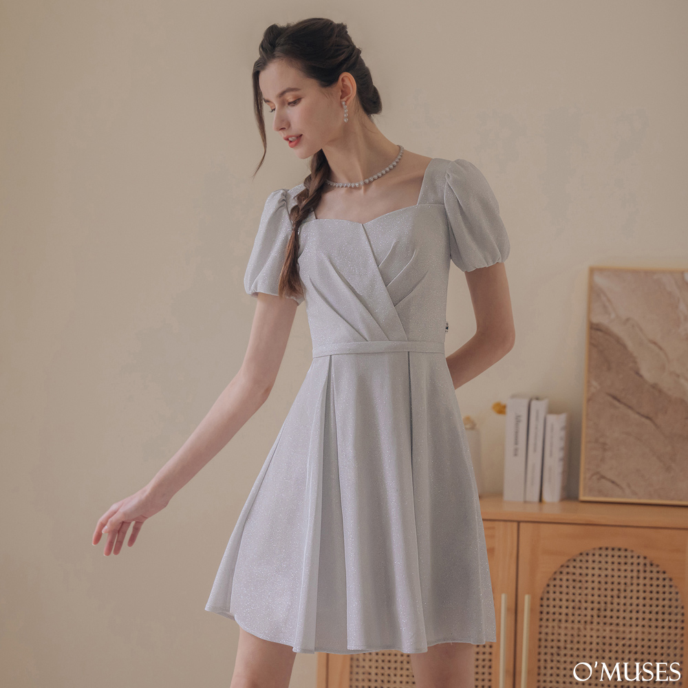 手工壓褶金蔥亮粉白色短禮服18-F366