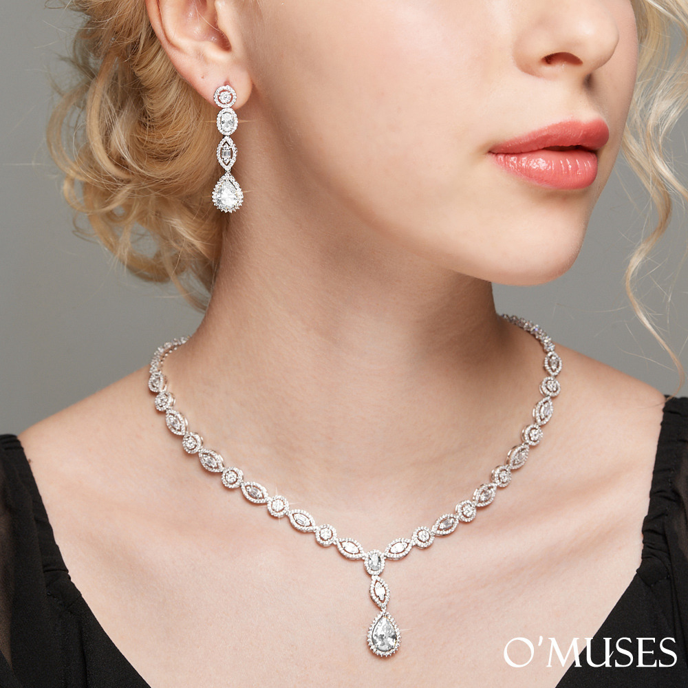 新秘宴會水滴亮鑽耳環項鍊套組21-473