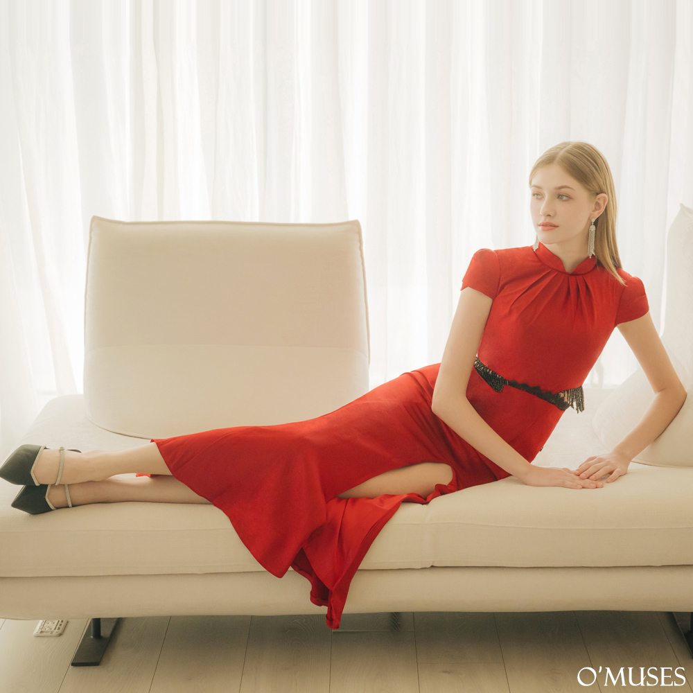 手工流蘇紅色魚尾旗袍禮服7-7778