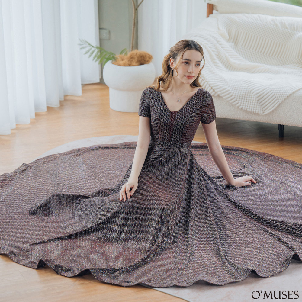 V領格紋亮粉紅色長禮服19-7581