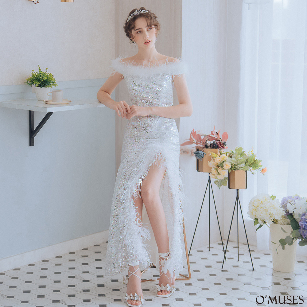 手工一字領亮片白色長禮服19-108