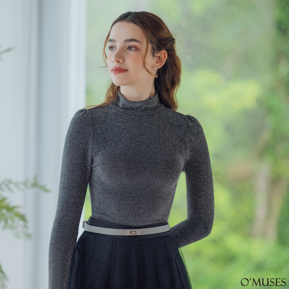 銀蔥星紗黑色立領上衣12-L507