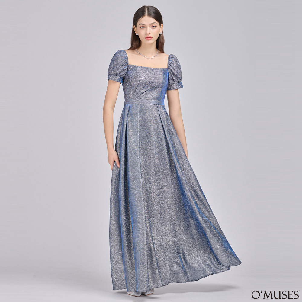 一字領方領銀蔥藍色長禮服(手工款)19-718