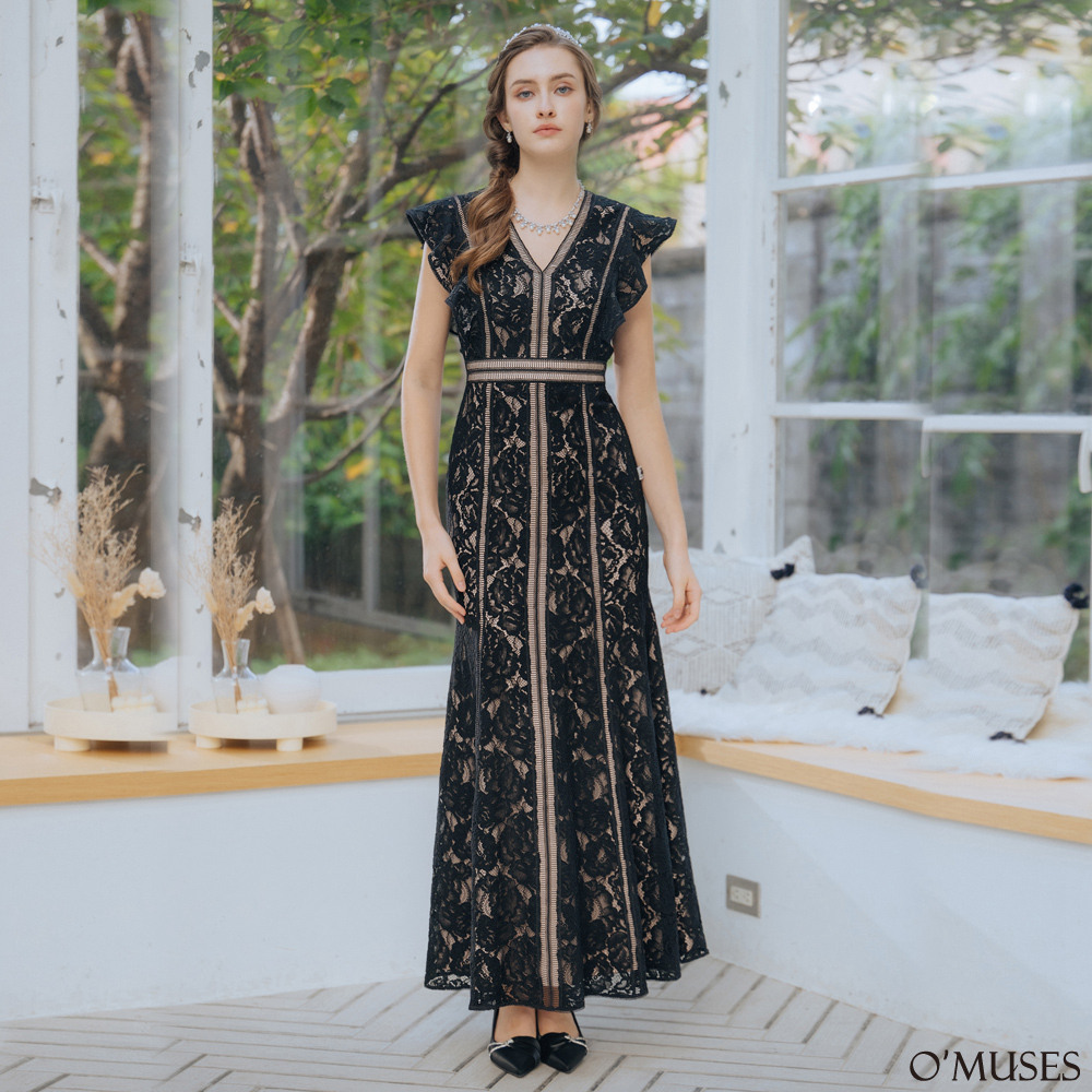 手工蕾絲刺繡黑色魚尾長禮服29-31038