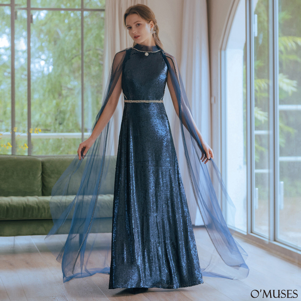 兩件式蕾絲亮片藍色長禮服19-7157
