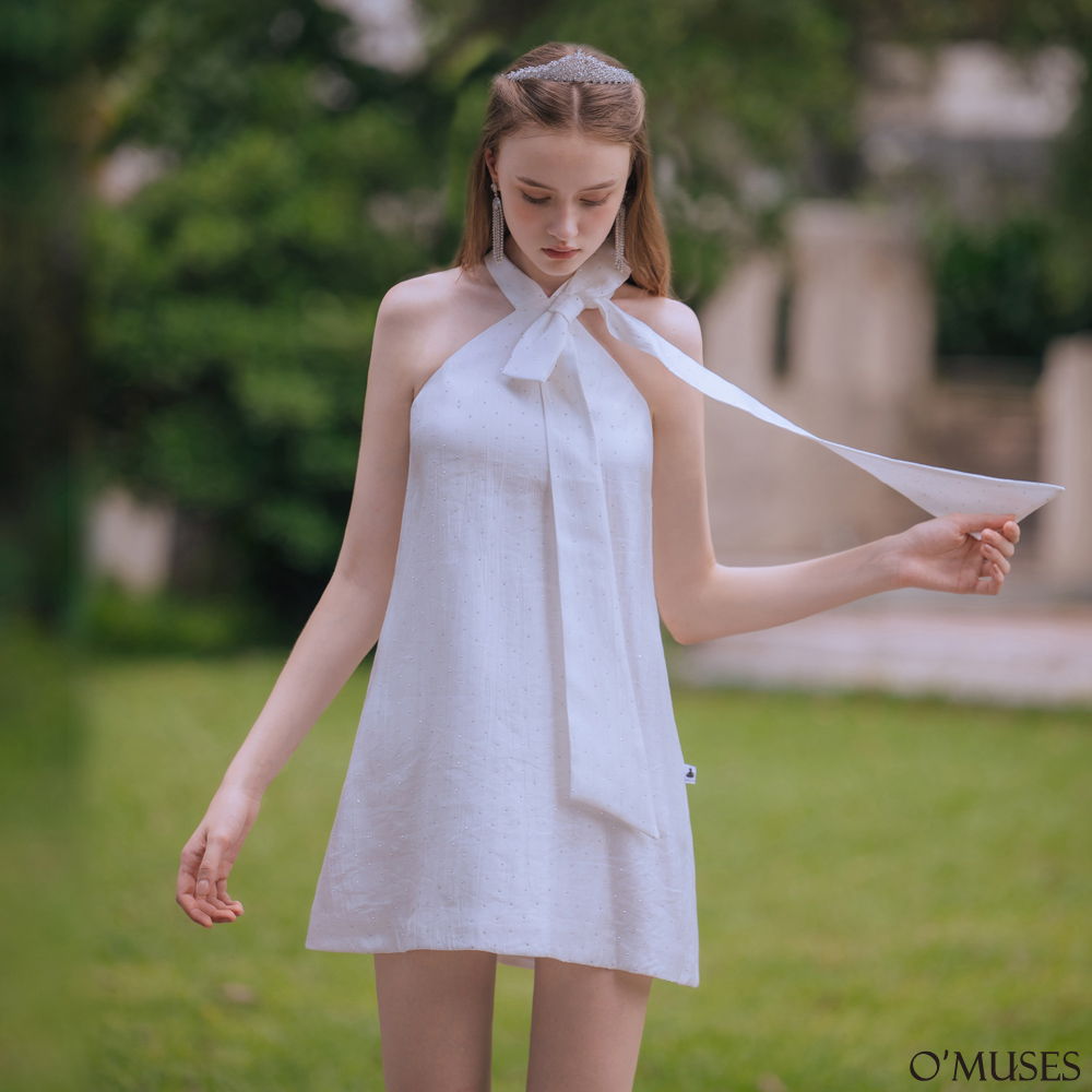 削肩燙鑽白色短洋裝28-31128