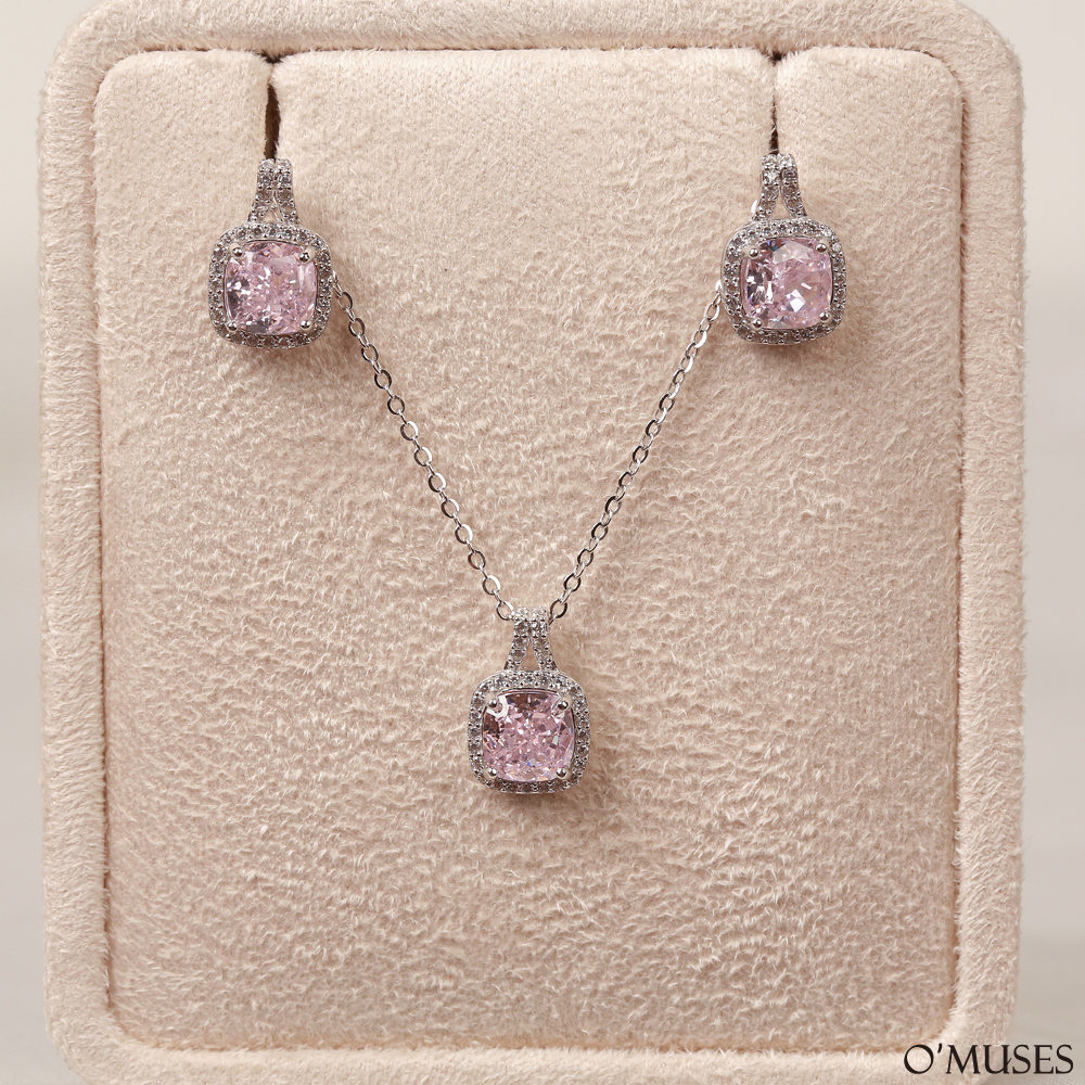 鋯石粉色項鍊耳環套組21-7793