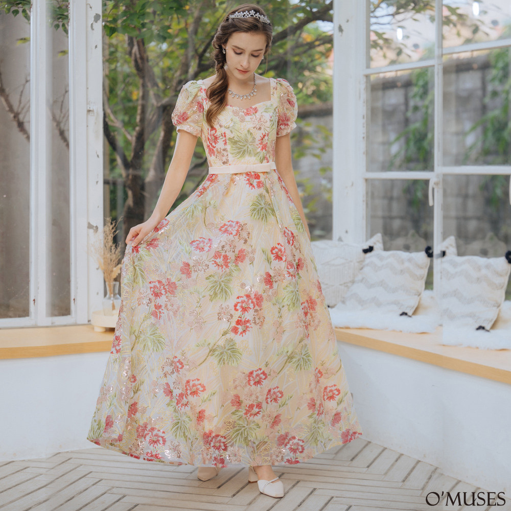 手工刺繡花亮片杏色長禮服19-2454