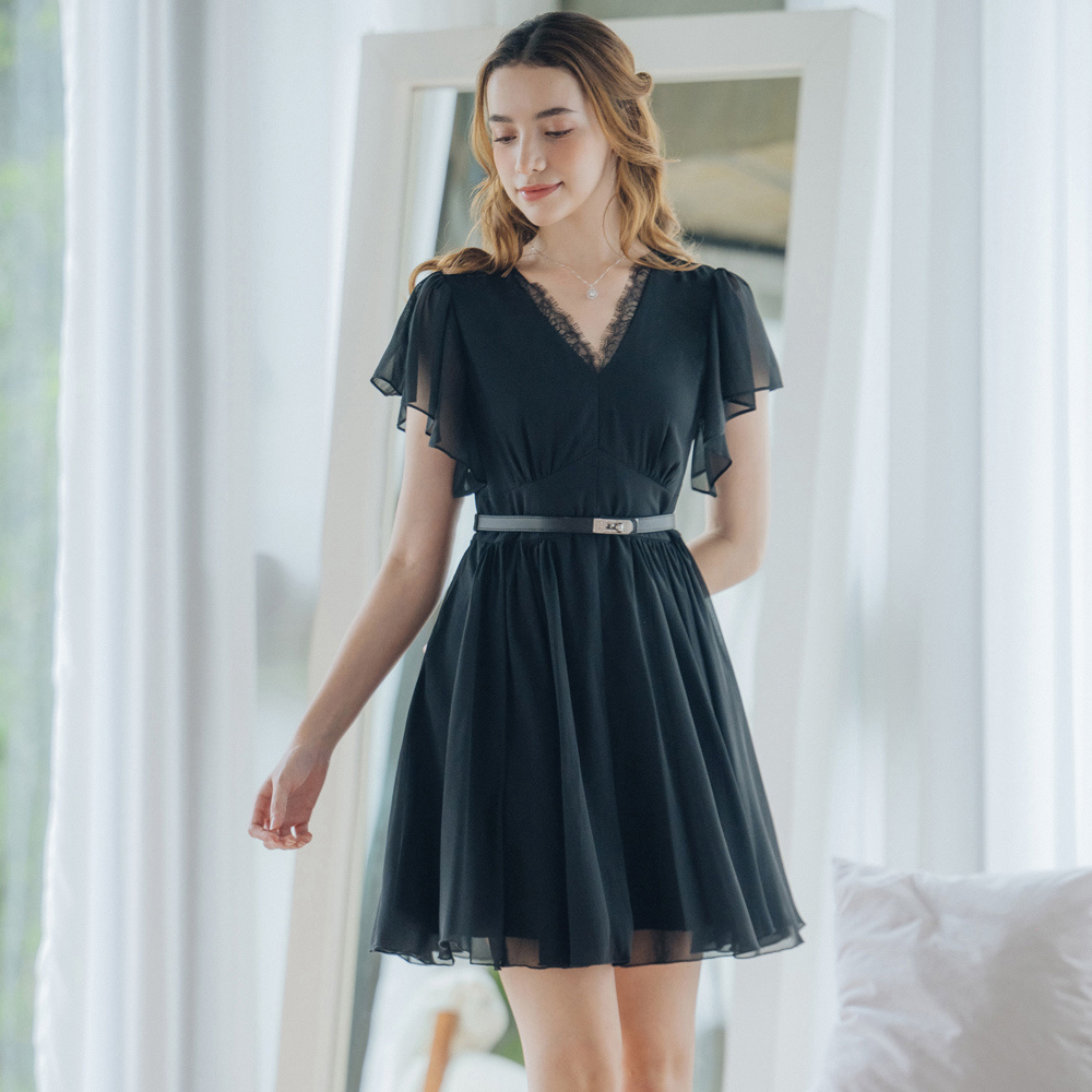 V領蕾絲雪紡黑色短洋裝28-32796