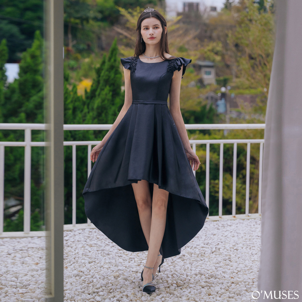 手工刺繡美背前短後長黑色禮服18-7574