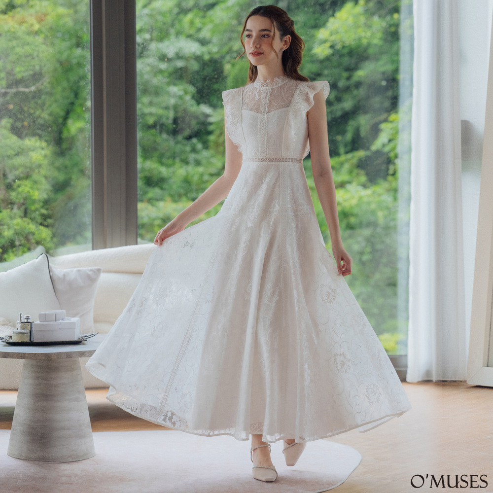 重工蕾絲刺繡白色長禮服29-31058