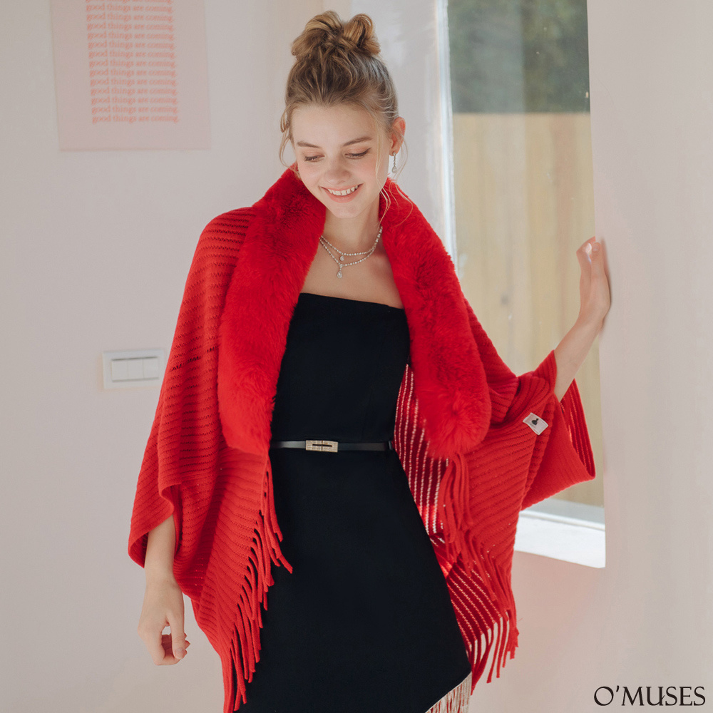 毛呢流蘇紅色披肩外套11-2203