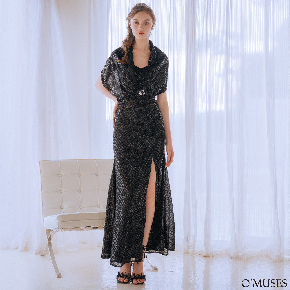 手工兩件式格紋亮片黑色長禮服19-7310