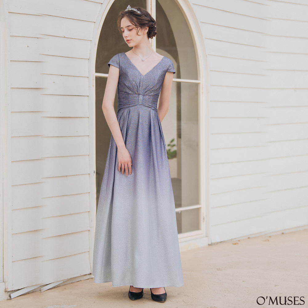 手工V領金蔥漸層藍色長禮服19-5033